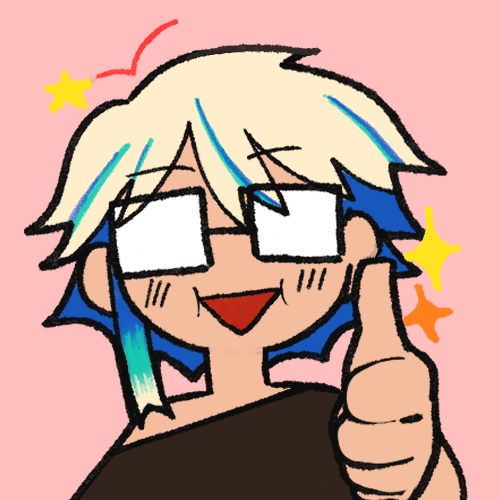 Stylized Icon of Kas' persona; A lightskinned person with blonde hair and blue highlights, wearing black rimmed, square glasses. The glass inside the frames of the glasses are a pure white. They are wearing a dark brown shirt that is slightly off of the left shoulder, and holding a thumbs up with a silly V shaped open mouth smile. The main background color is pink, the character is surrounded by a few orange and yellow sparkles.